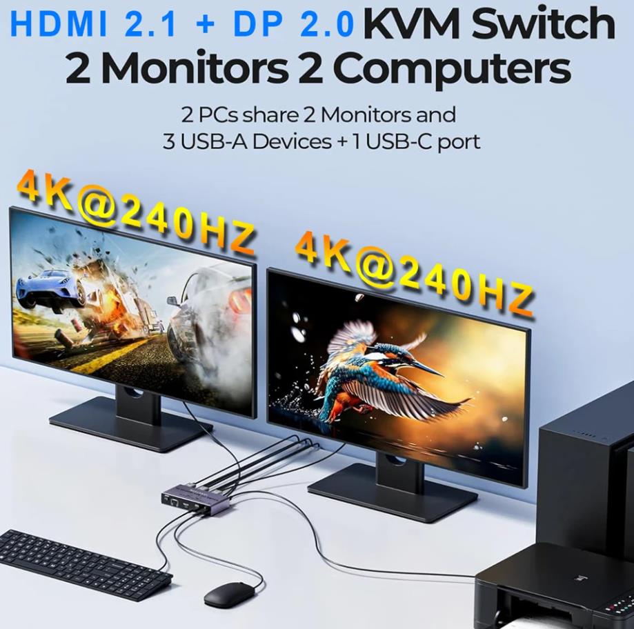 HDMI + Displayport KVM Switch 2 Computers 2 Monitors, Aluminum 8K@60Hz Dual Monitor KVM Switcher