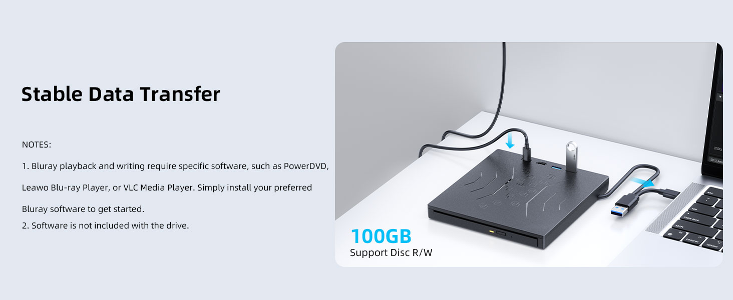 7 in 1 External Blu Ray Drive, Support 100G Disc R/W Portable Blu Ray Player with USB 3.0 Type-C, CD