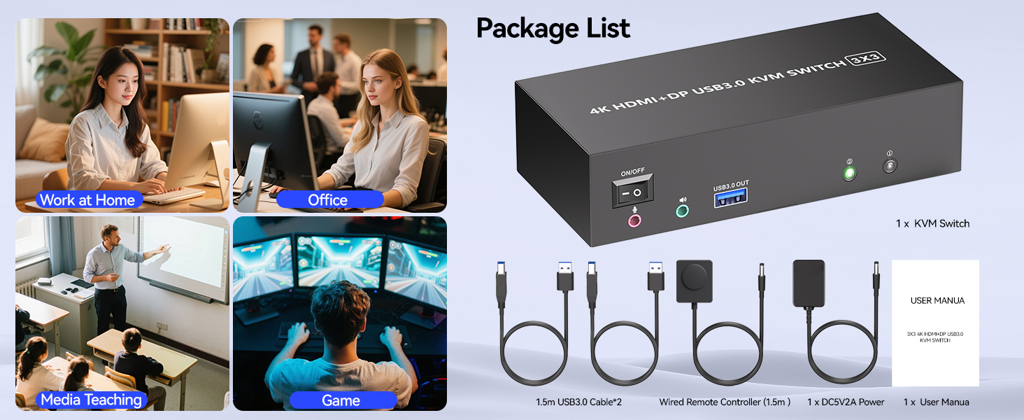 HDMI + DisplayPort 3 monitors KVM switch support physical button and wired control. You can press th
