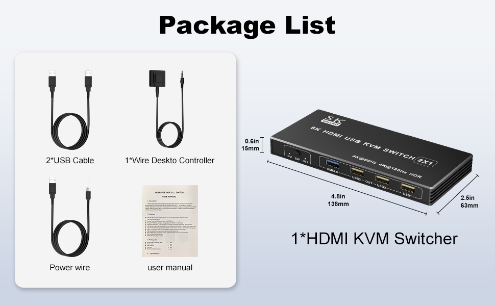 Important Note:  1) This 8K KVM HDMI Switch does NOT support keyboard hotkey switching 2) Both HDMI
