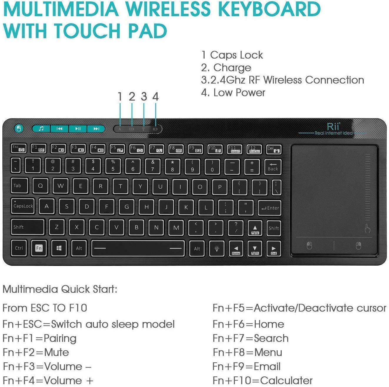 2.4GHZ Wireless 3-LED Color Backlit Multimedia Keyboard