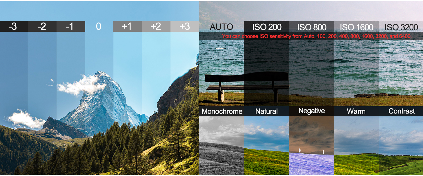 Tweak exposure, ISO and color filters freely to create exclusive photographic styles.
