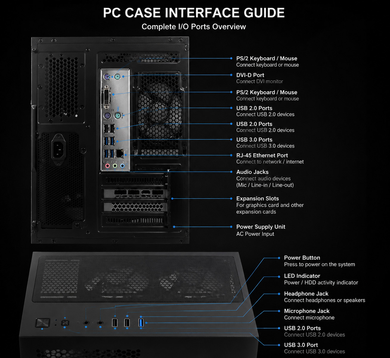 PC case I/O ports guide, front & rear interface diagram, USB, audio, Ethernet, power ports