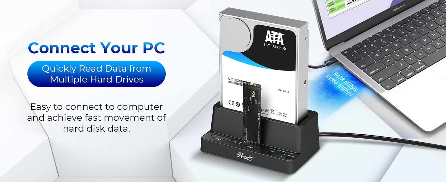 Rosewill RS-N2S-CL M.2 NVMe & SATA SSD / 2.5" & 3.5" HDD Hard Drive Cloner & Reader Docking Station