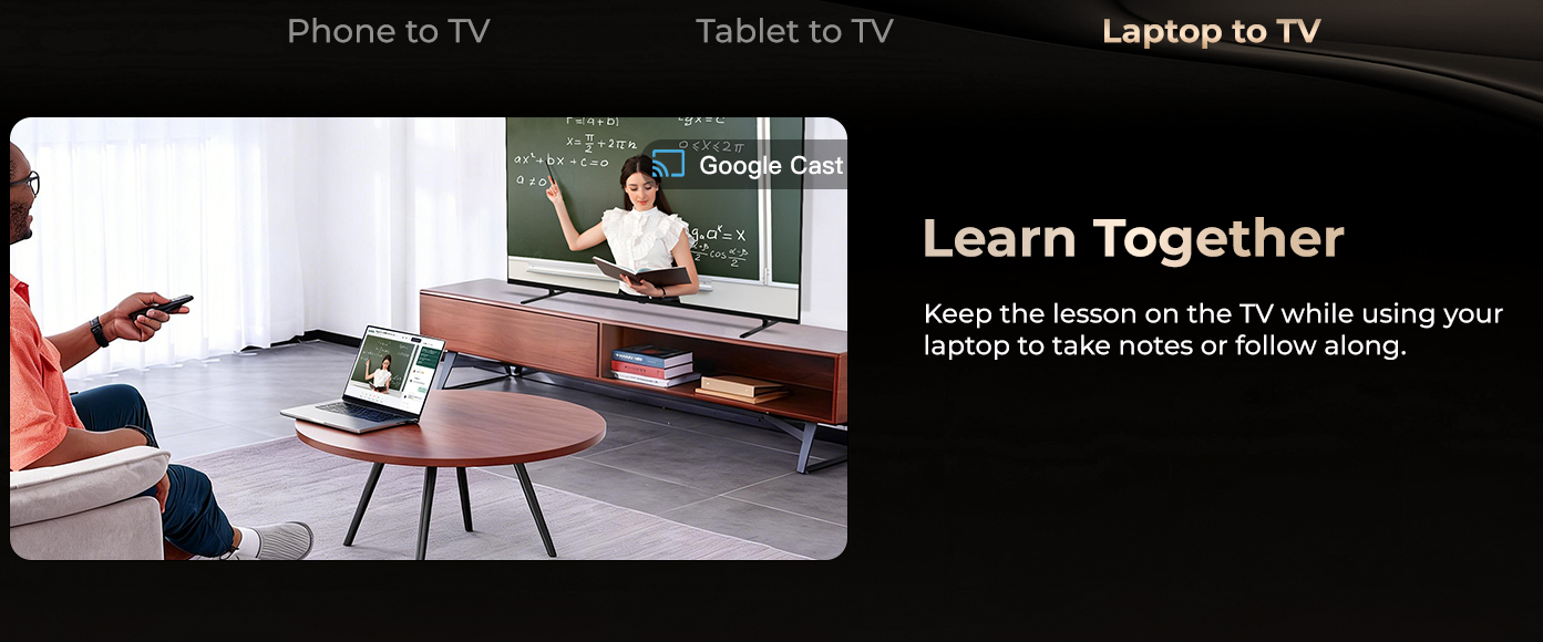 Keep the lesson on the TV while using your laptop to take notes or follow along.