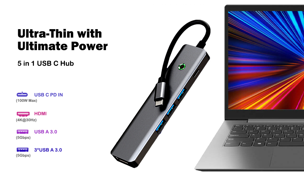 Hitoor 5 in 1 USB C Hub, One Click Screen Projection/Rest MF Mac USB C Adapter, Great for Kids with