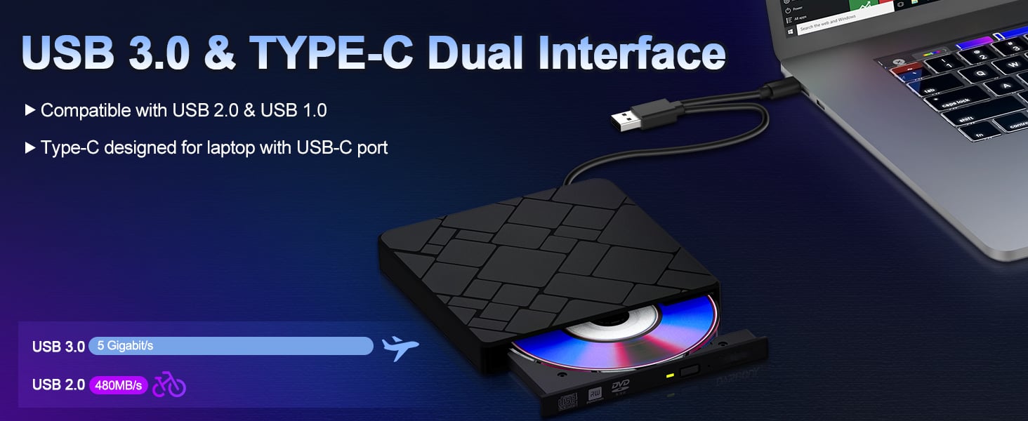 External DVD drive for laptop allows you to experience data transfer speeds of up to 5Gbps, which is