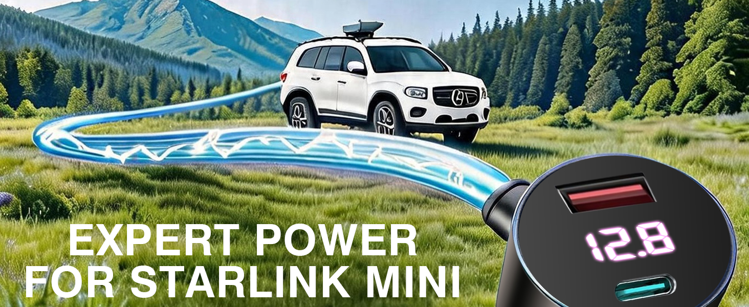 10FT Car Adapter for Starlink Mini, Dual PD 30W + USB A 18W Ports Car Charger for Cars 12V-24V Cigar