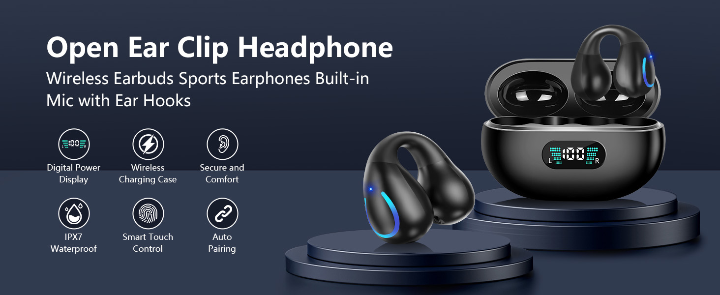 Open Ear Bone Conduction Headphones Bluetooth 5.3 Wireless Open Clip Ear Earbuds Built-in Mic