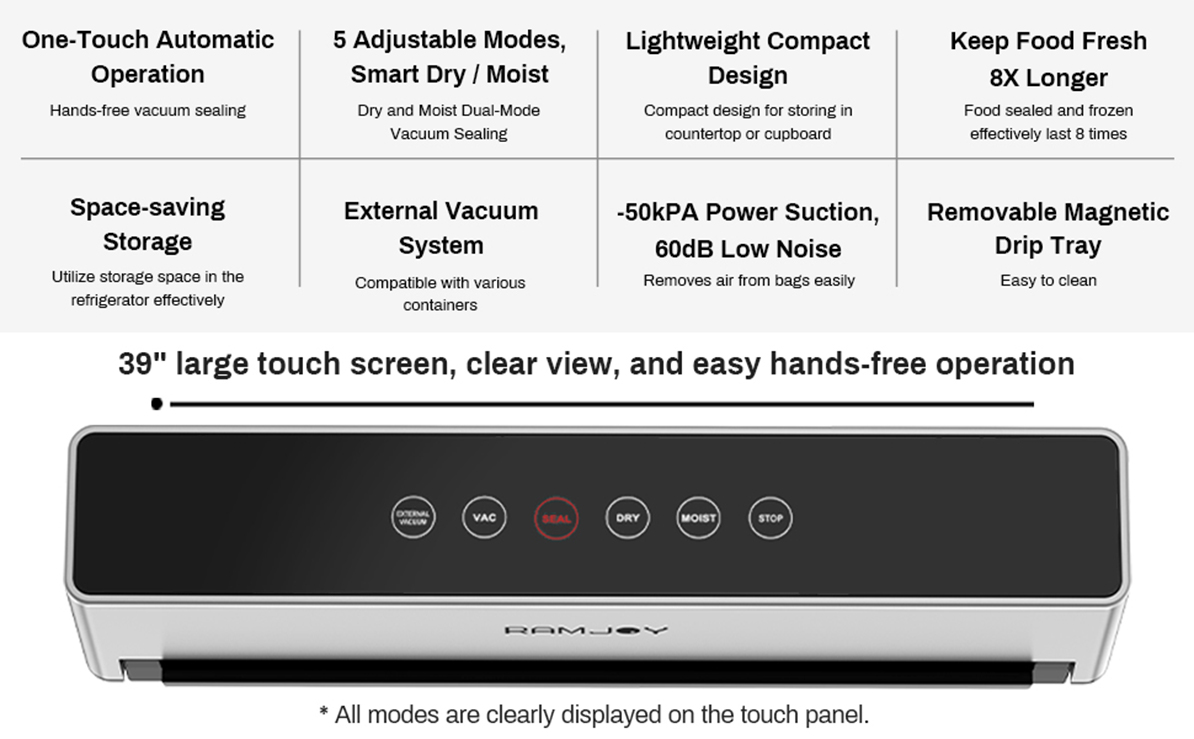 RAMJOY Vacuum Sealer, Automatic, Smart Dry/Moist Food Sealer Machine with 5  Adjustable Modes, Vacuum Sealer for Food Storage with 10 PCS Bags & Air  Suction Hose, Silver 