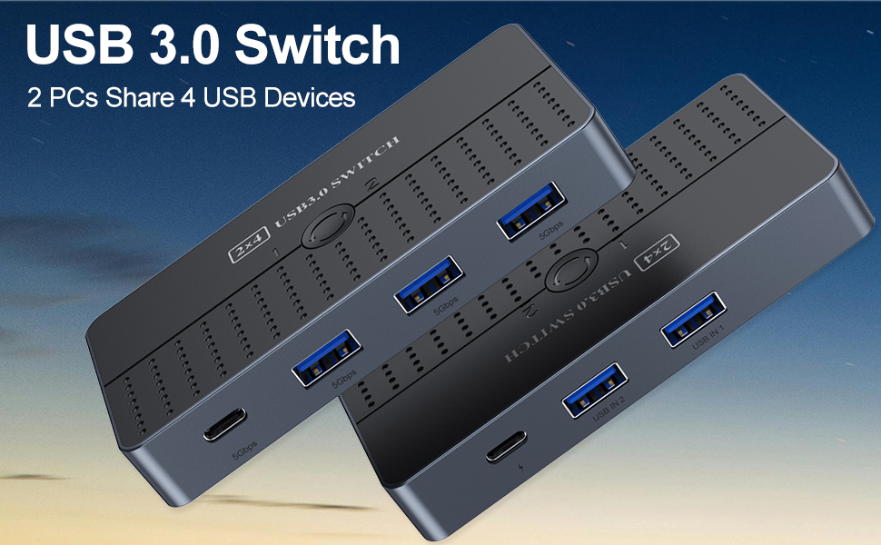 Hitoor USB 3.0 Switch 2 in 4 Out for 2 Computers Sharing USB C & A Devices, USB Switcher for PC Mous