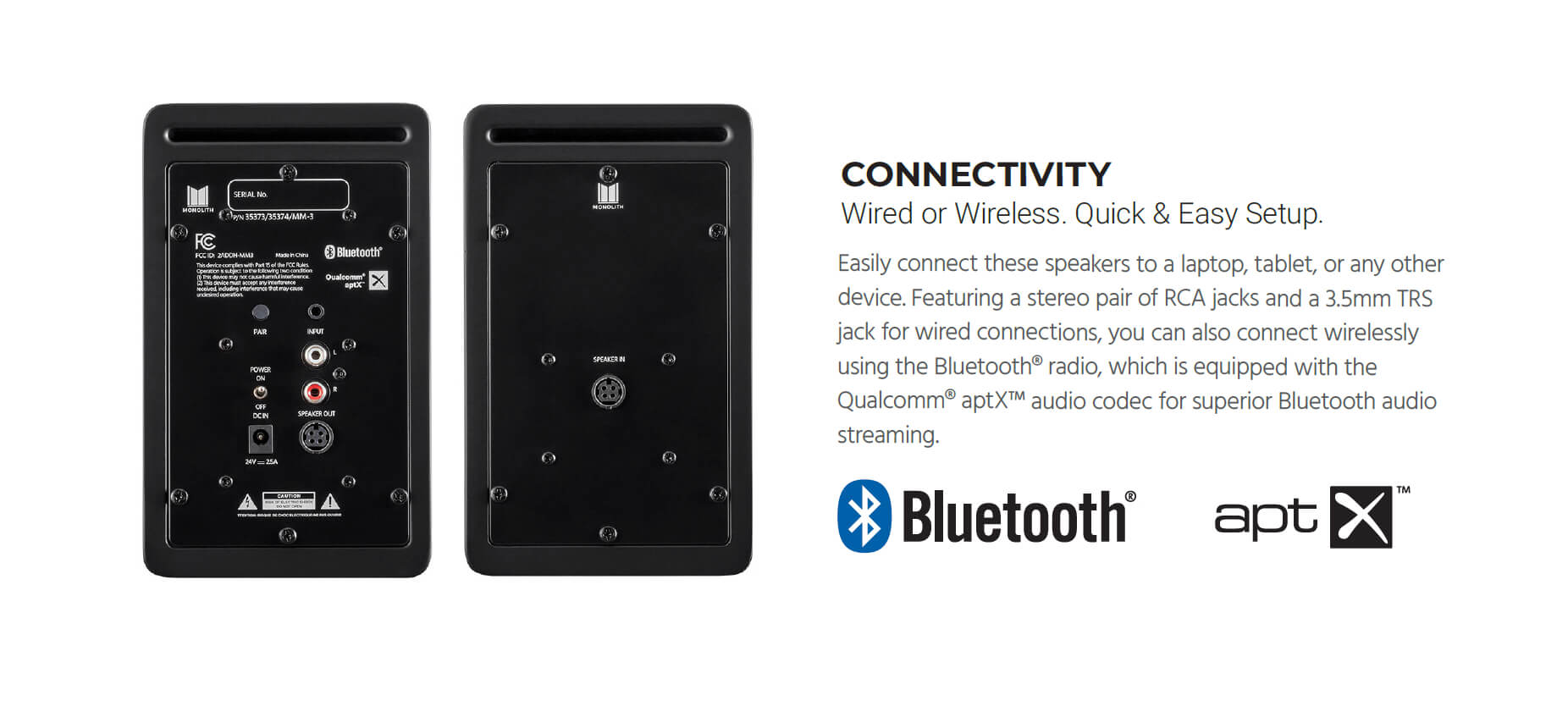 Powered Multimedia Speakers with Bluetooth with Qualcomm aptX Audio (Pair), Black