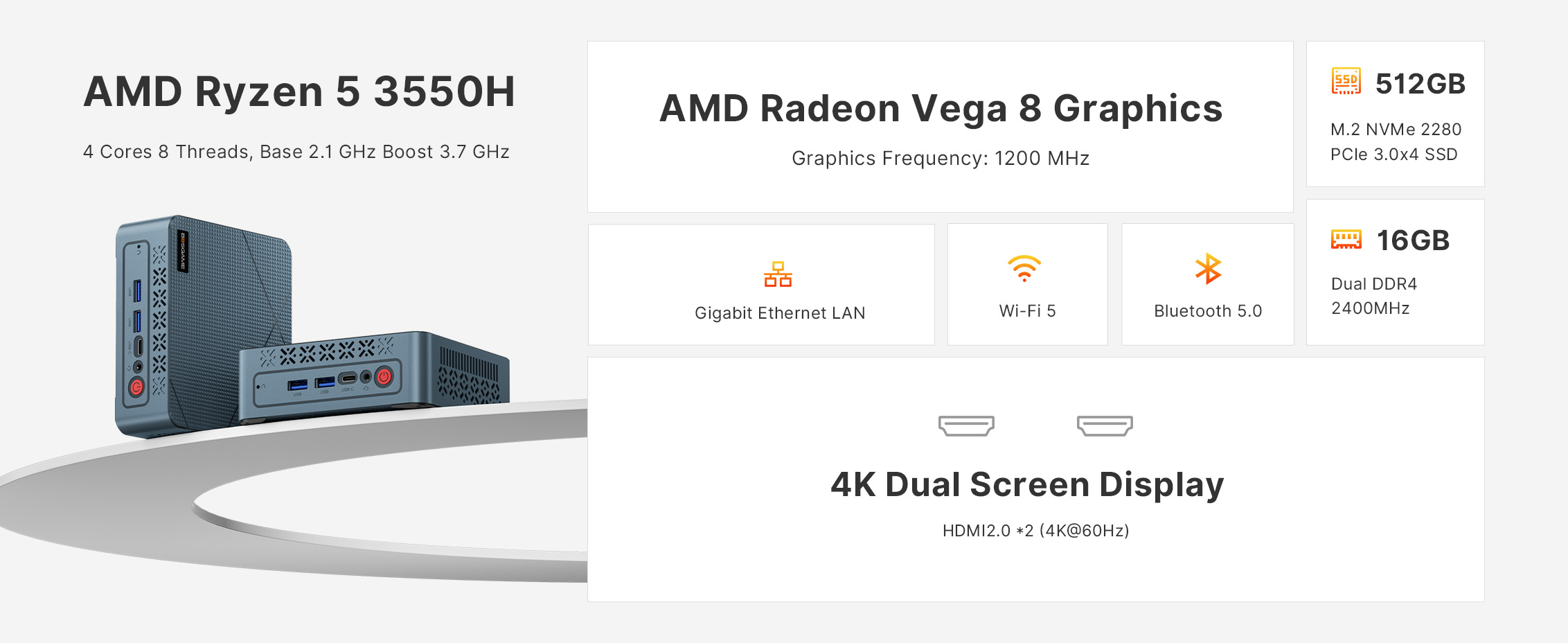 BOSGAME E2 Mini PC, AMD Ryzen 5 3550H 16GB DDR4 RAM 512GB SSD, Radeon Vega 8 Graphics (1.2GHz), Mini Computer Windows 11 Pro/4K Dual HDMI BOSGAME E2 Mini PC, AMD Ryzen 5 3550H 16GB DDR4 RAM 512GB SSD, Radeon Vega 8 Graphics (1.2GHz), Mini Computer Windows 11 Pro/4K Dual HDMI