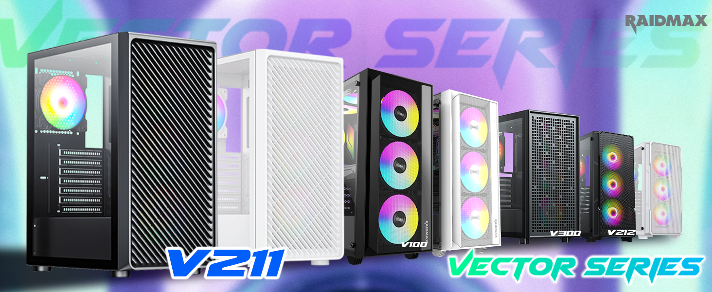 raidmax v211 black gaming atx mid tower case, tempered glass with 4 120mm fans, static RGB light