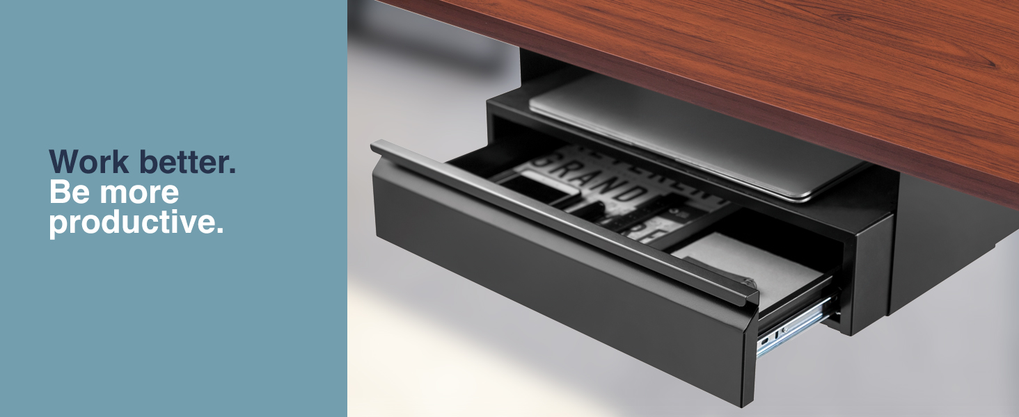 under-desk slide-out drawer, hidden desk storage, steel stationery organizer