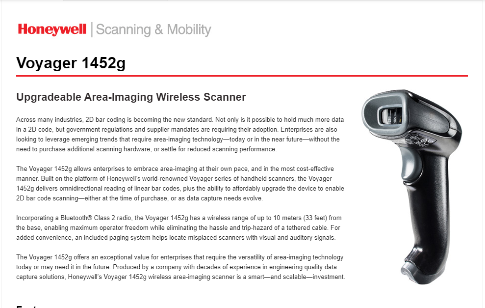 Honeywell Voyager 1452g Wireless Barcode Scanner, 2D Imager