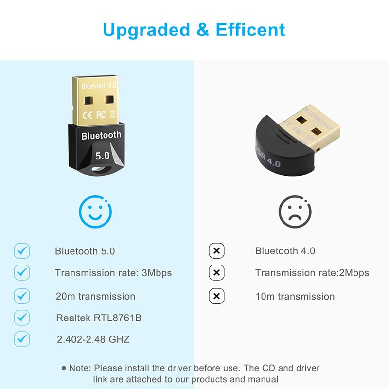 Clé USB Bluetooth V5.0 Mini adaptateur Dongle Sans Fil pour PC Windows 10  et 8