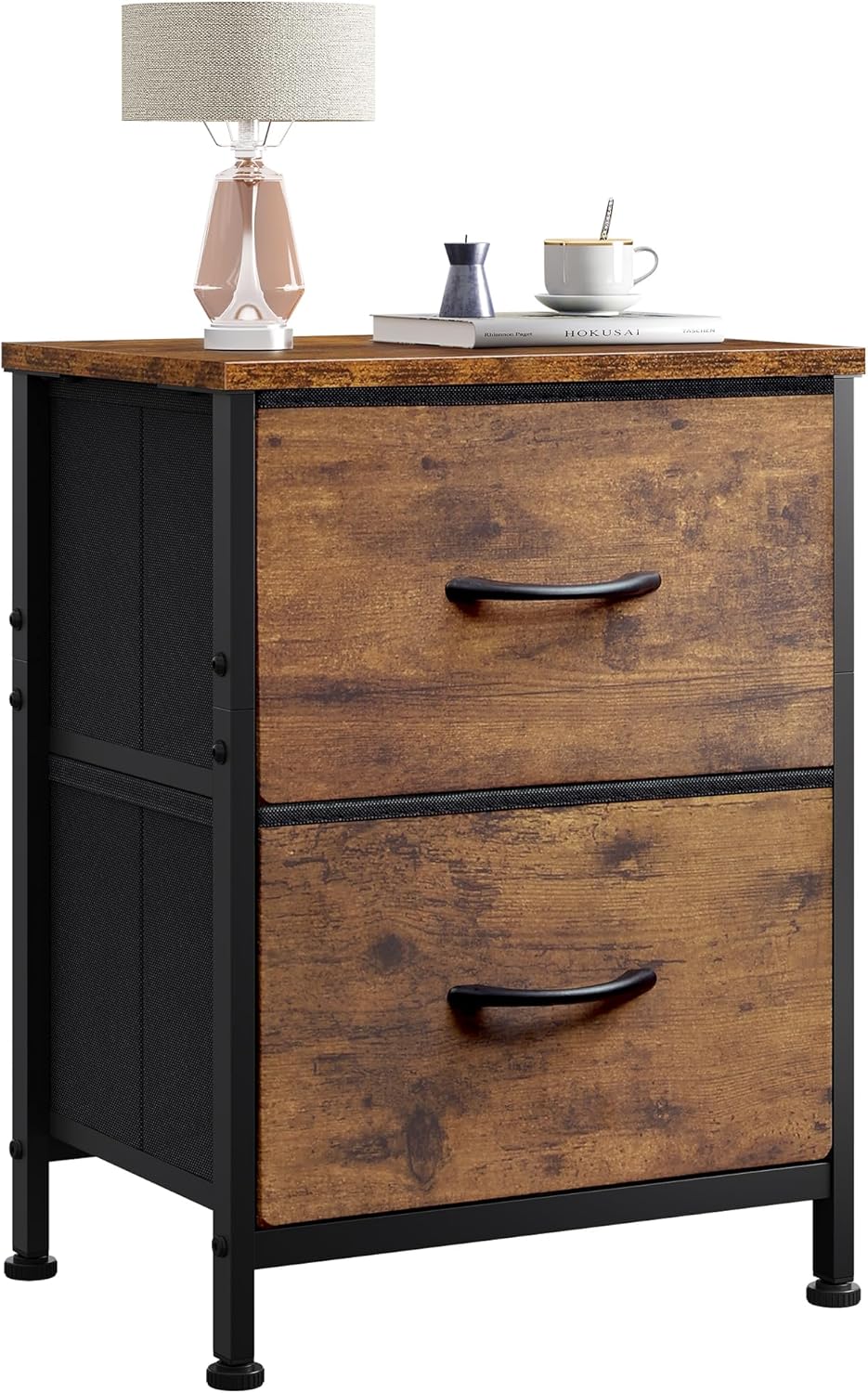 2 drawer rustic nightstand, metal frame fabric bedside table
