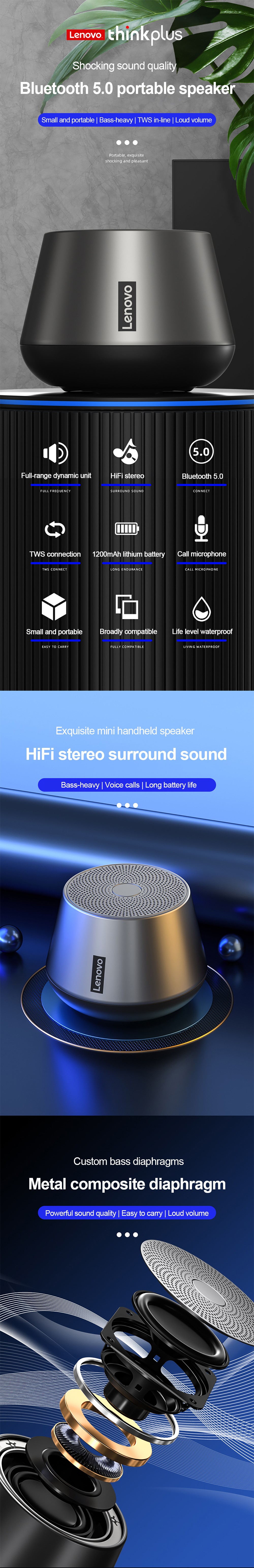 Lenovo K3 Pro Portable Wireless Speaker BT 5.0 True Wireless Stereo Music Player with Microphone HD Calls Stereo Sound Deep Bass 1200mAh Long Endurance Speaker - Newegg.com