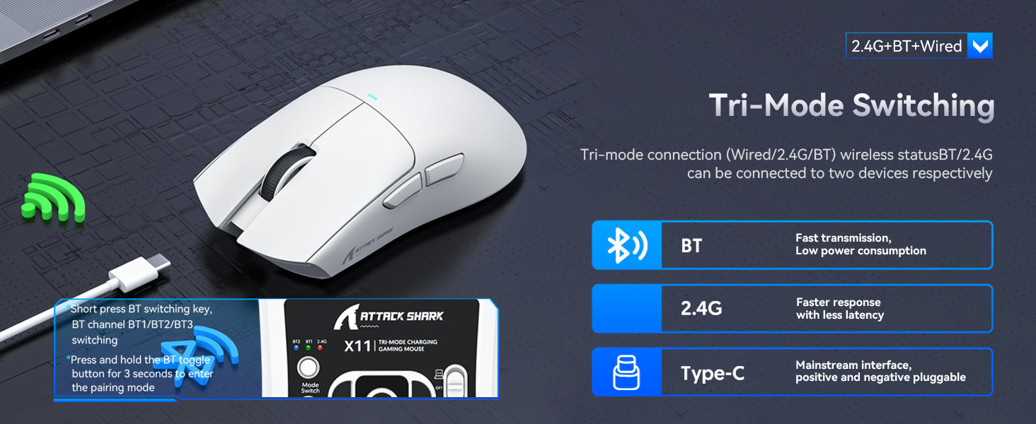 X11 Lightweight Wireless Gaming Mouse with RGB Charging Dock, Tri-Mode-2.4G/USB-C Wired/BT