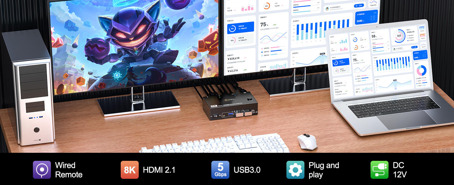 8K HDMI KVM Switch 2 Monitors 2 Computers 8K@60Hz, USB 3.0 Dual Monitor HDMI KVM Switch