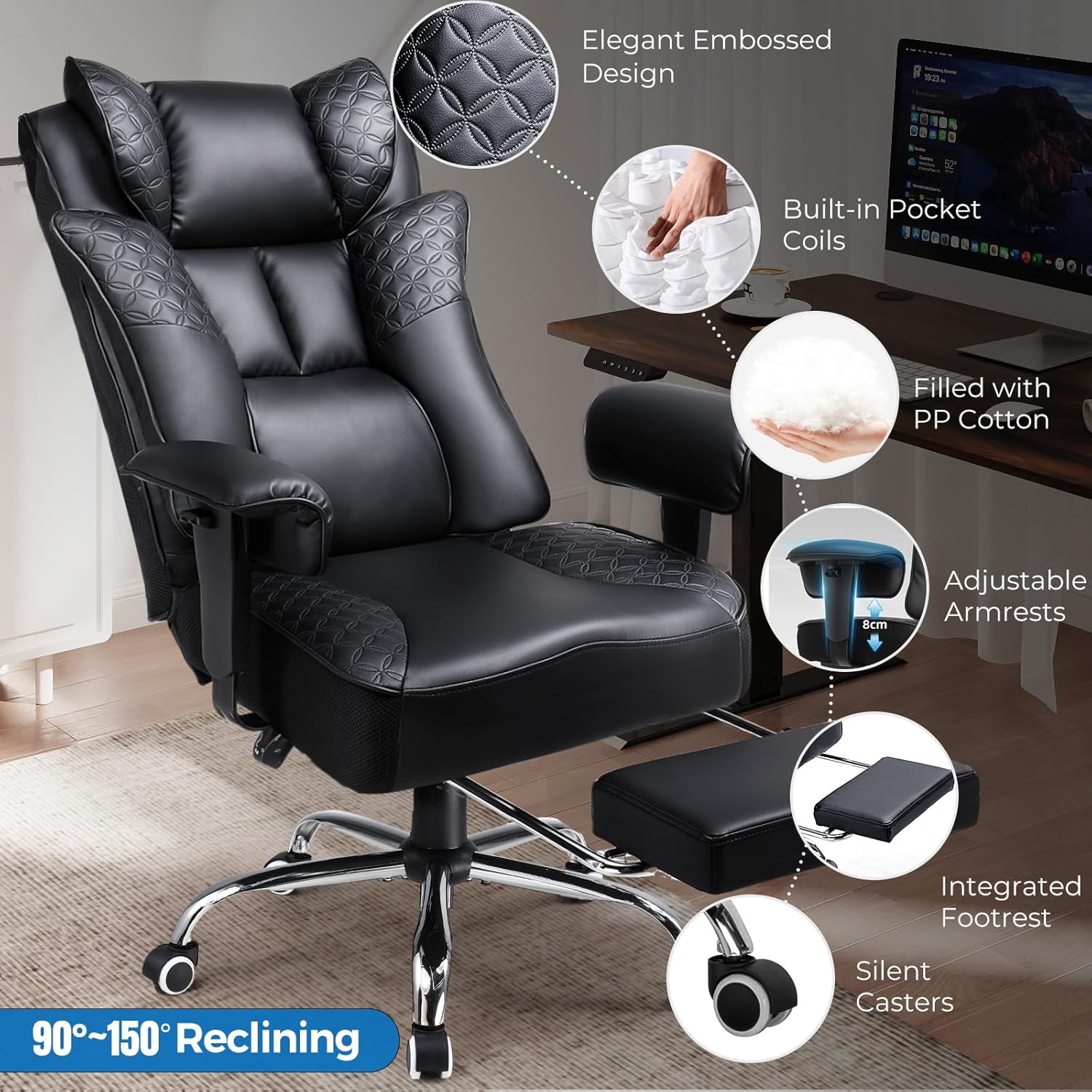Tall & Big Office Chair 400LBS Ergonomic Gaming Chair Wide with Deluxe Embossing Designed PU Leather