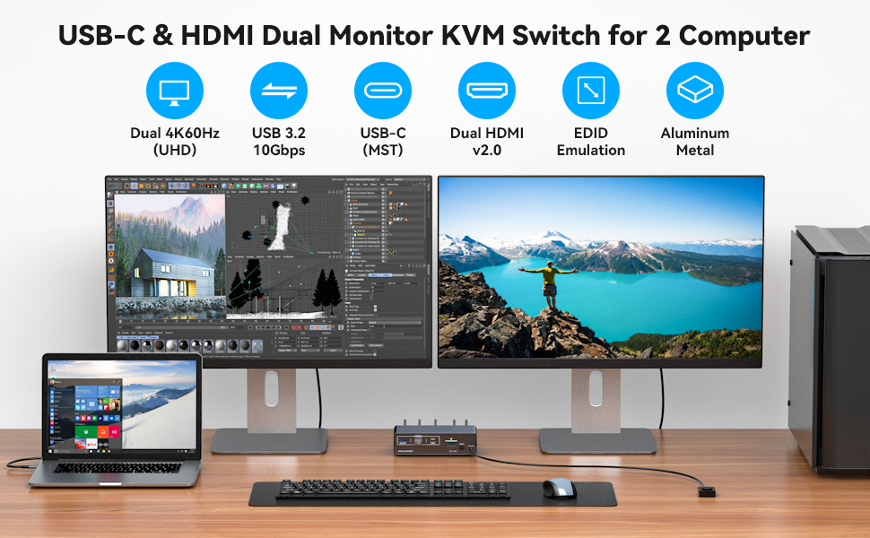 KVM switch between Laptop and Desktop: USB C computer and HDMI PC share a set of mouse, keyboard, tw