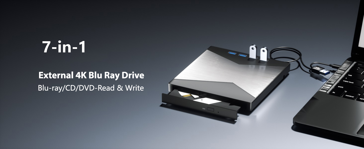 AUTYUE External Blu Ray Drive, 7 in 1 Portable Blu Ray Burner USB 3.0 Type-C UHD BD Player with SD/T