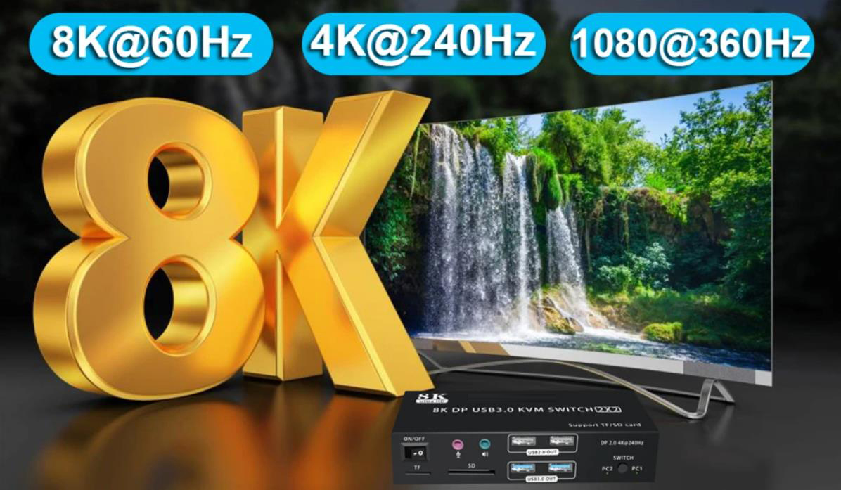 8K 60Hz KVM Switch DP 2.0 2 Port 2 Monitor Displayport KVM Switch USB 3.0  4K 240Hz PC Computer KVM