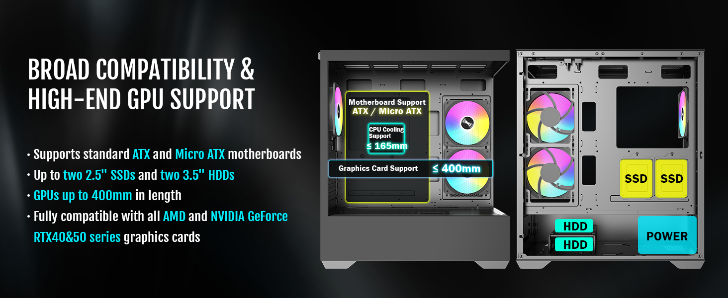 Raidmax i801 ATX gaming mid tower chassis, 270 panoramic tempered glass, ARGB 120mm fans