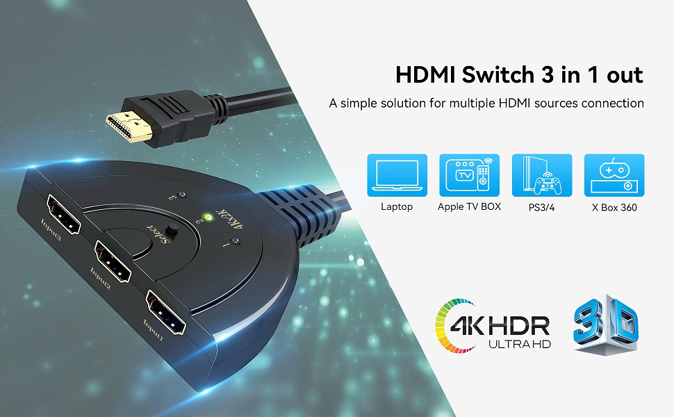 HDMI Switch, AUBEAMTO 4K HDMI in 1 Out, 3-Port HDMI Switcher Selector with Pigtail HDMI Cable,Supports Full HD 4K 3D Player, HDMI Hub Compatible with Fire Stick,HDTV,PS4 Game Consoles