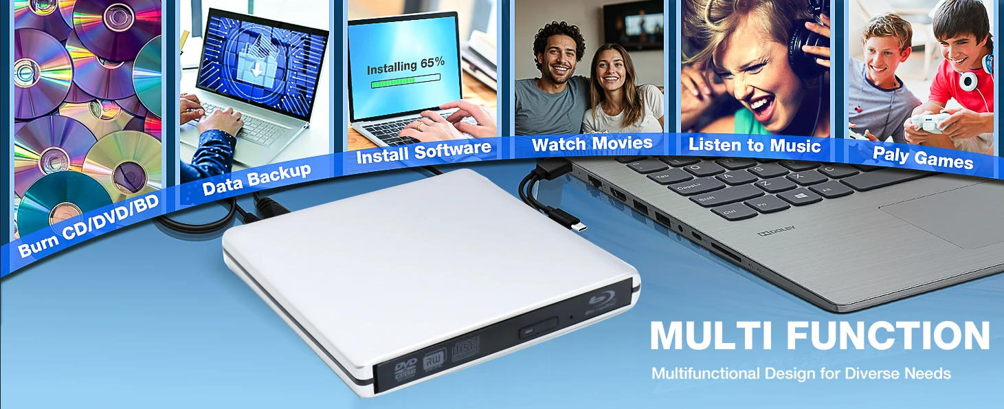 Aluminum External Blu Ray CD DVD Drive Read/Write Bluray Burner for PC USB 3.0 Type-C, Support 25G D