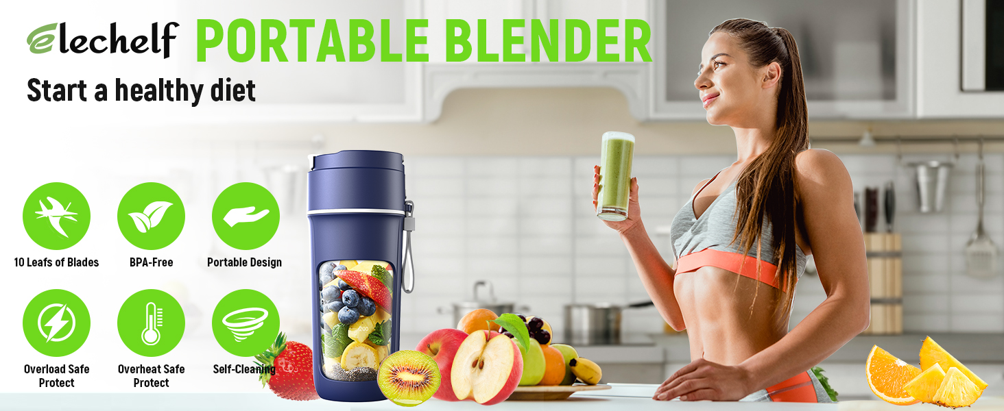 Elechelf Portable Mini Blender For Shakes and Smoothies, USB Rechargeable,  12oz Personal Handheld Fresh Juice Blender With 8 Blades For Kichen Ice