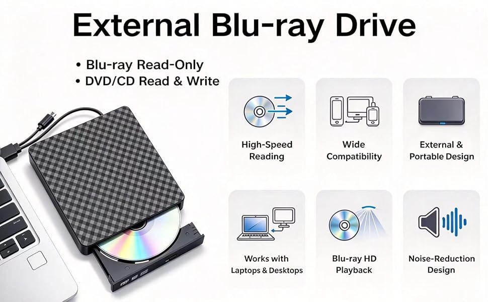 USB 3.0 & Type-C Blu Ray Burner, Portable USB External Blu-ray DVD Drive, External Blueray/ CD DVD D