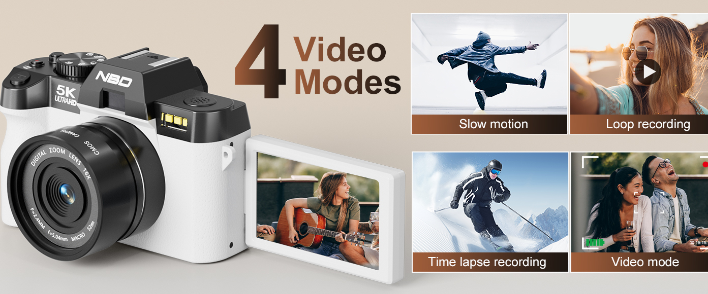 5K flip screen digital camera with four video modes slow motion time lapse loop recording