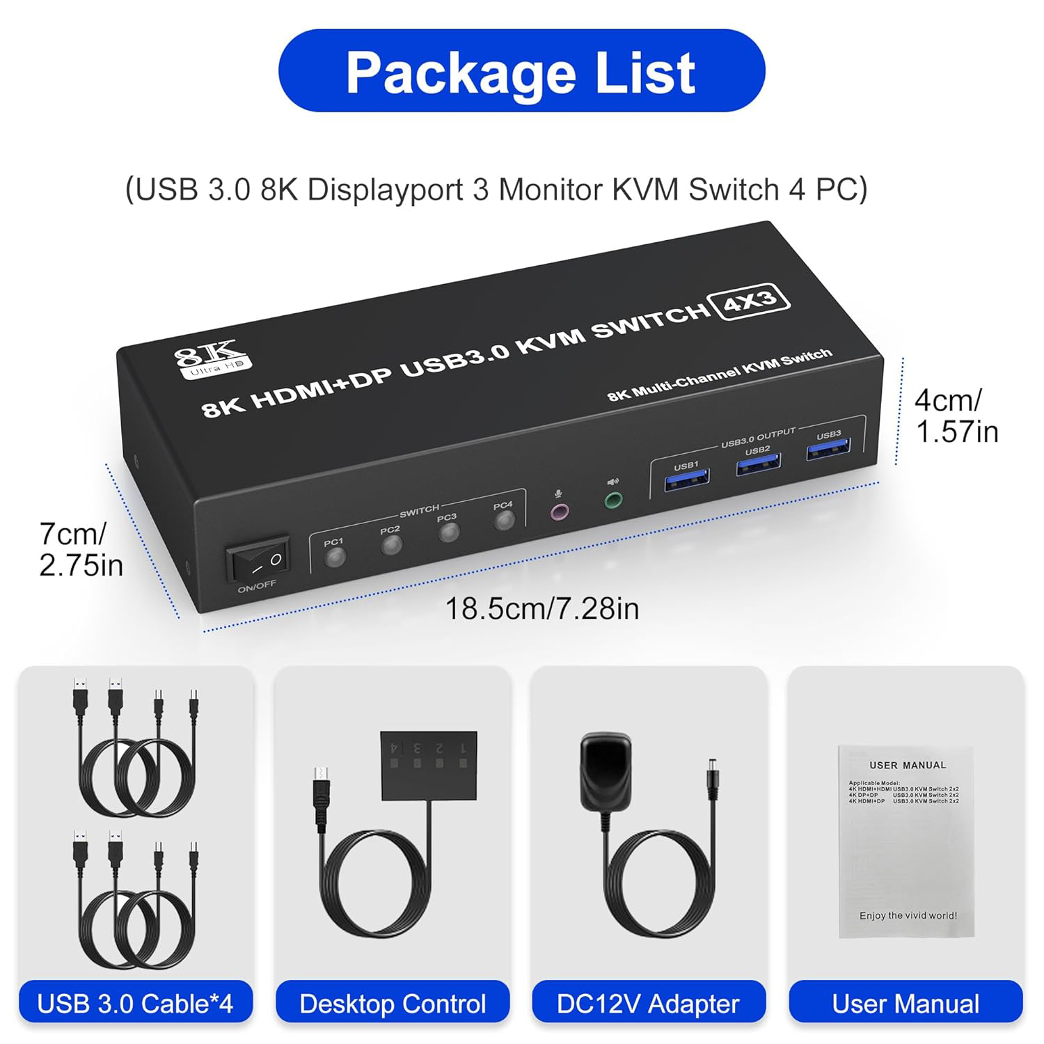 What You Get 1x 4 Port USB 3.0 Triple Monitor KVM Switch, 4x USB 3.0 Cables, 1x Power Adapter, 1x Wi