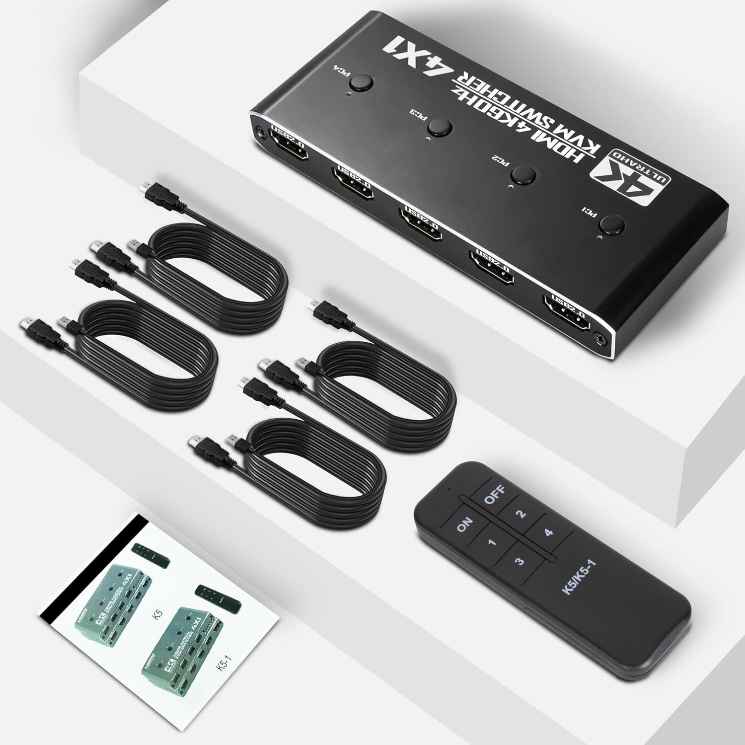 4 Port HDMI KVM Switch 1 Monitors 4 Computers - 4K@60Hz KVM Switcher with USB 2.0, 1 Keyboard 4 Comp