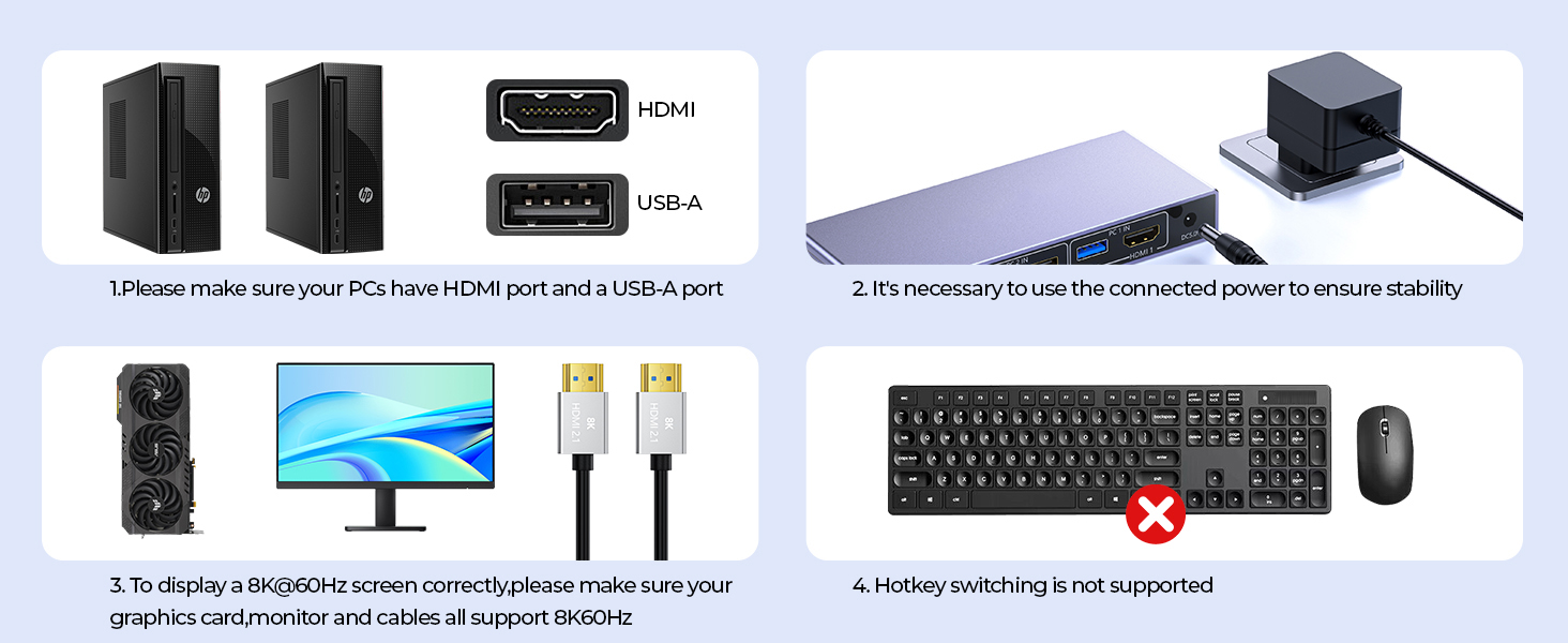 2 Port HDMI KVM Switch 1 Monitor 2 Computers, 8K@60Hz USB 3.0 KVM Switcher with 4 USB Ports