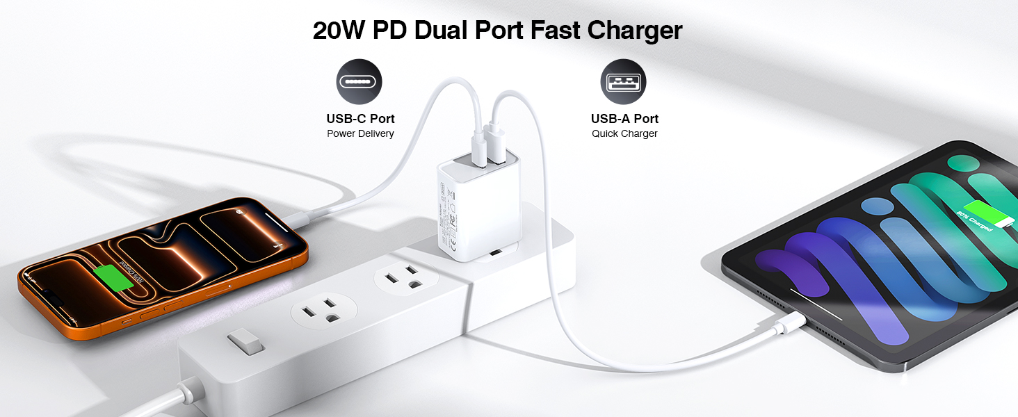 3-Pack USB C Wall Charger, 20W Durable Dual Port QC + PD 3.0 Power Adapter, USB Type C Fast Charging
