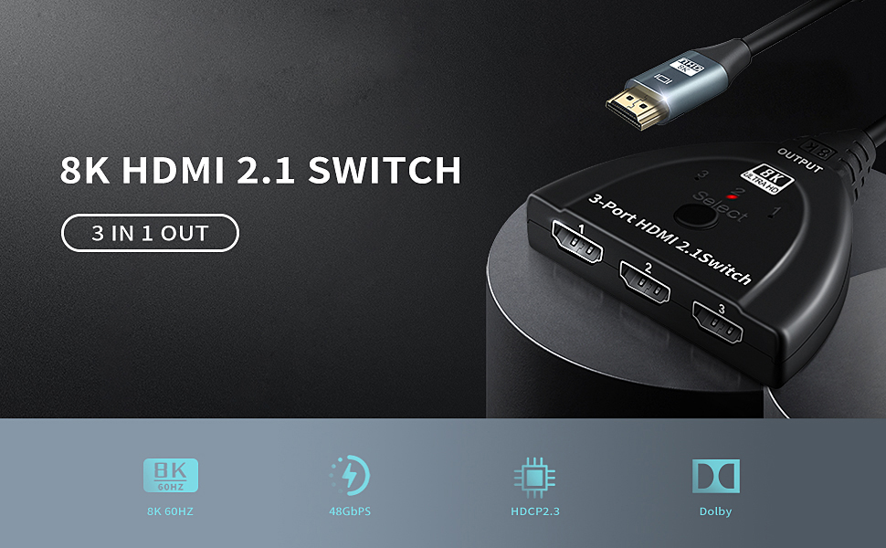 8K HDMI 2.1 Switch, HDMI Switch 4K 120Hz, 3 Port HDMI Switcher Selector  Box, Supports 8K@60Hz, 4K@120Hz, 4K@60Hz 48Gbps High Speed for PS4/5 Roku  Xbox TV Monitor Projector (OZ8Q3) 