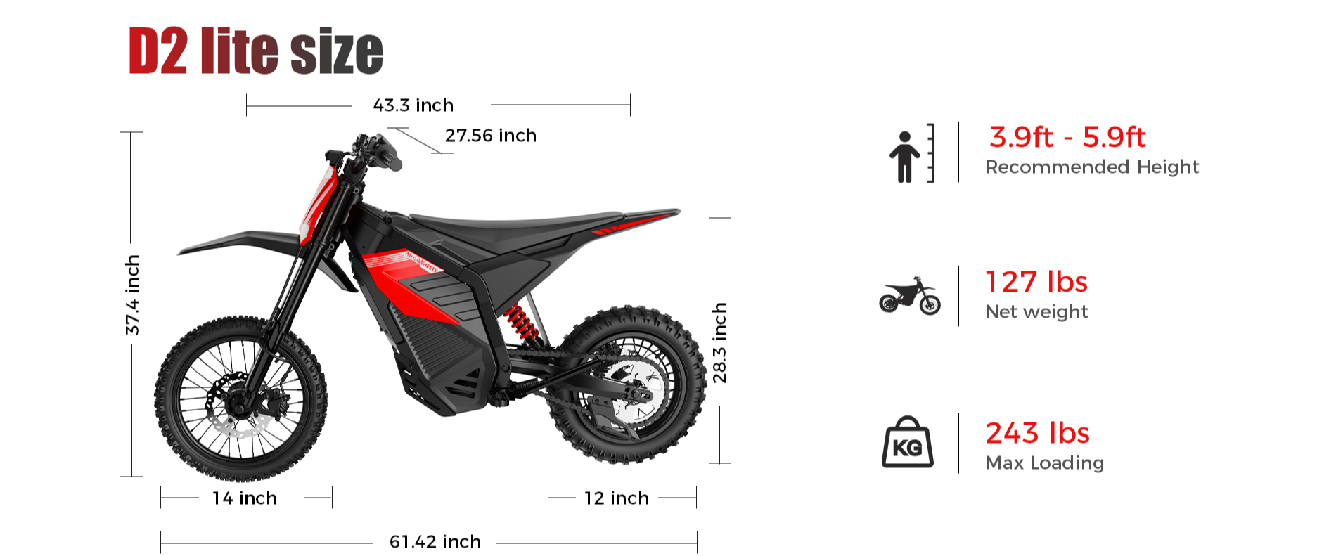 MEGAWHEELS D2 Lite dirt bike size