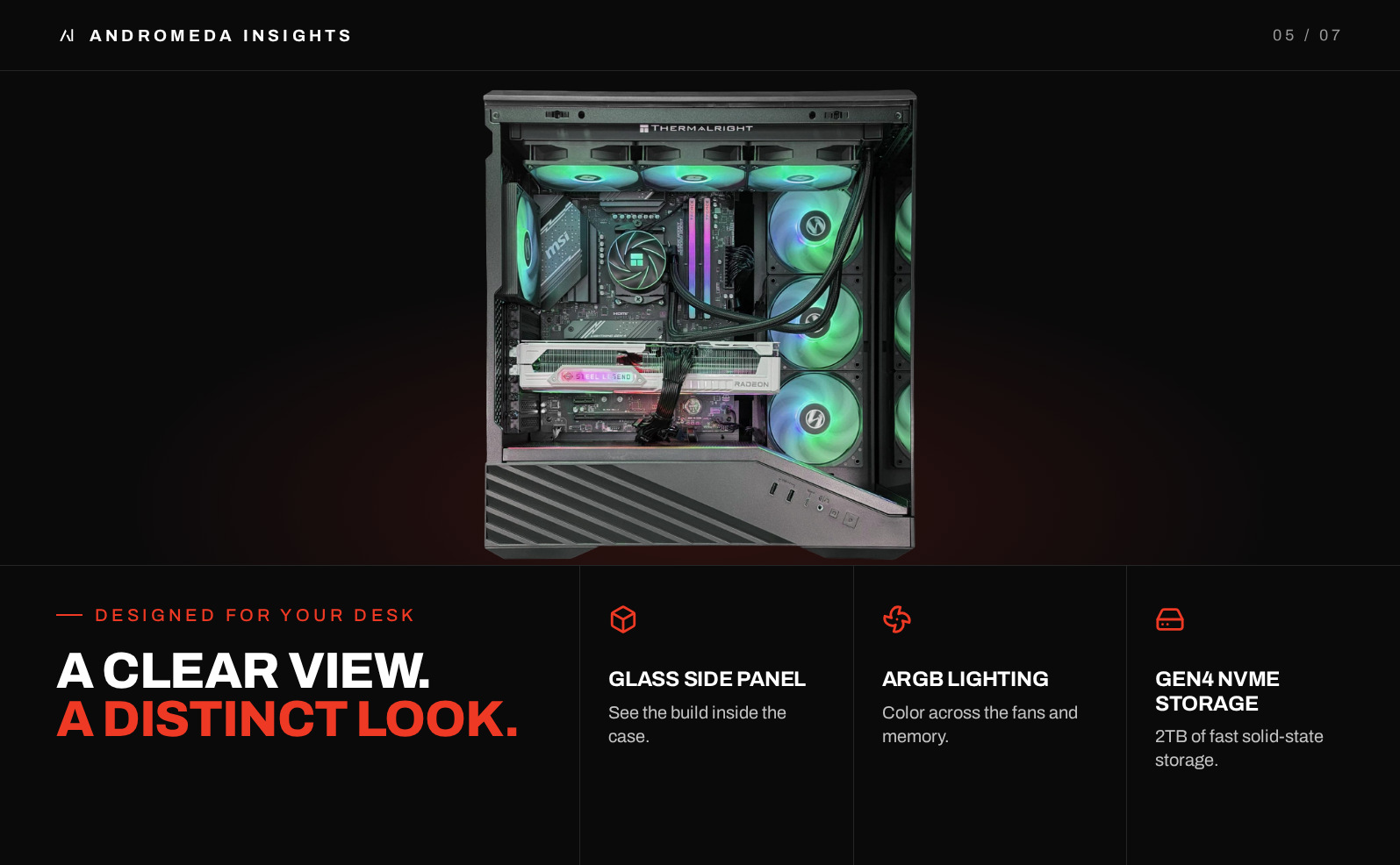 Vector case with glass side panel, ARGB lighting and argb case fans