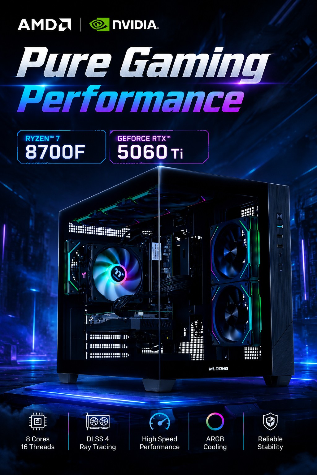 Mloong Gaming PC Desktop, AMD Ryzen 7 8700F 4.1 GHz (5.0Ghz Turbo