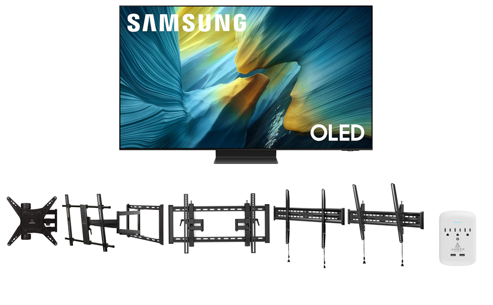 Samsung S95FA Series TV with Walts Mount and Amber Protection 3-Outlet Surge Protector