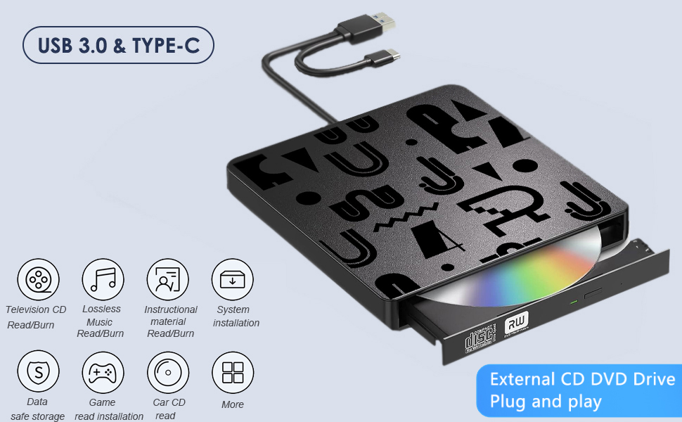 External USB 3.0 CD DVD Drive support Macbook, PC, laptop. You can watch movies, player games, liste