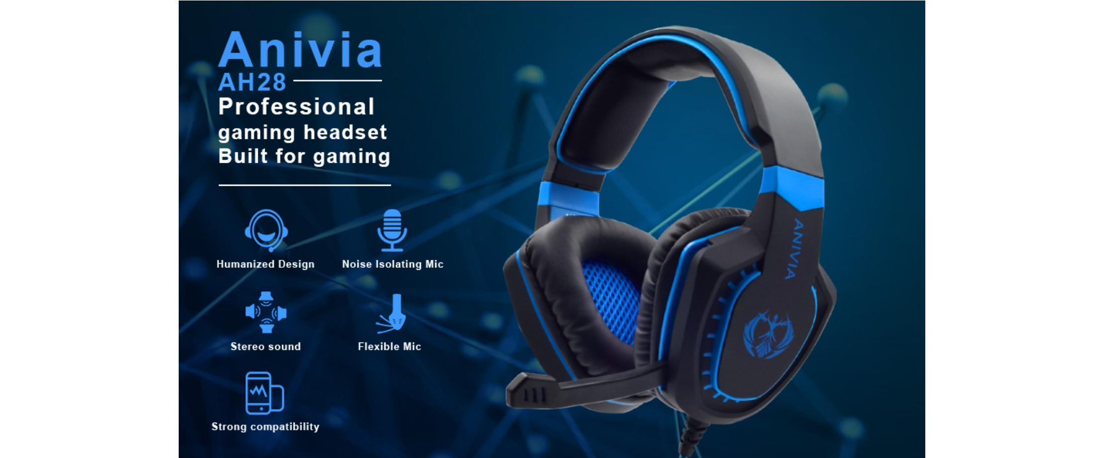 Anivia AH28 gaming headset, over ear headphone, stereo sound, noise isolating mic