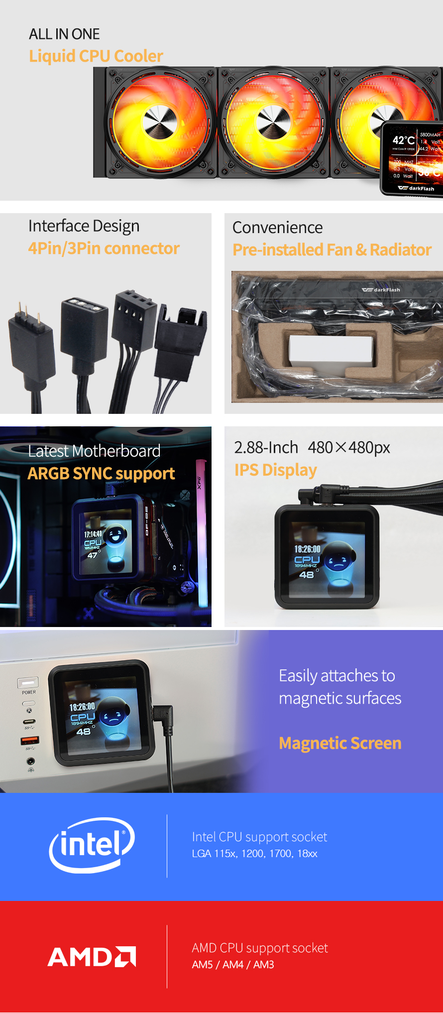 darkFlash DE360 360mm AIO Liquid CPU Cooler  2.88" IPS Display 5V ARGB Lighting Copper Water