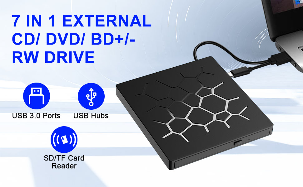 External CD/DVD Drive for Laptop, [7 IN 1] USB 3.0 Ultra-Slim Portable DVD Player with SD/TF & 2 USB