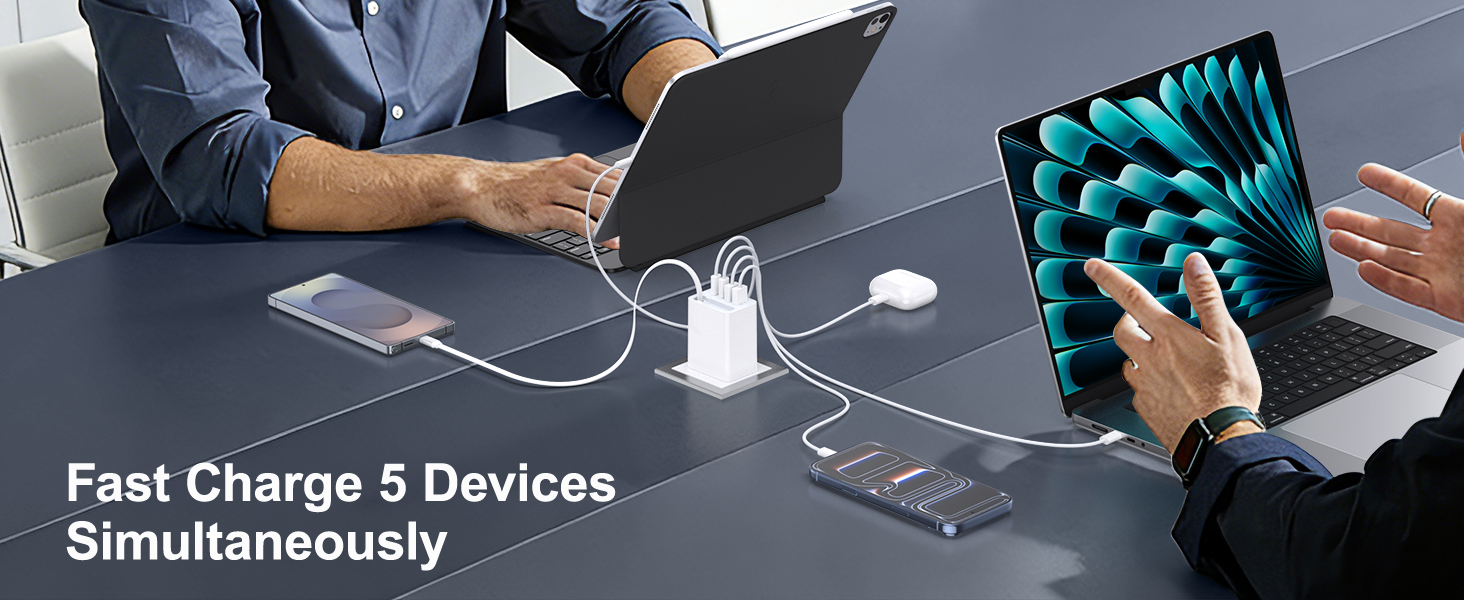 5-in-1 Retractable Wall Charger, 40W Retractable USB C Charger Wall Plug
