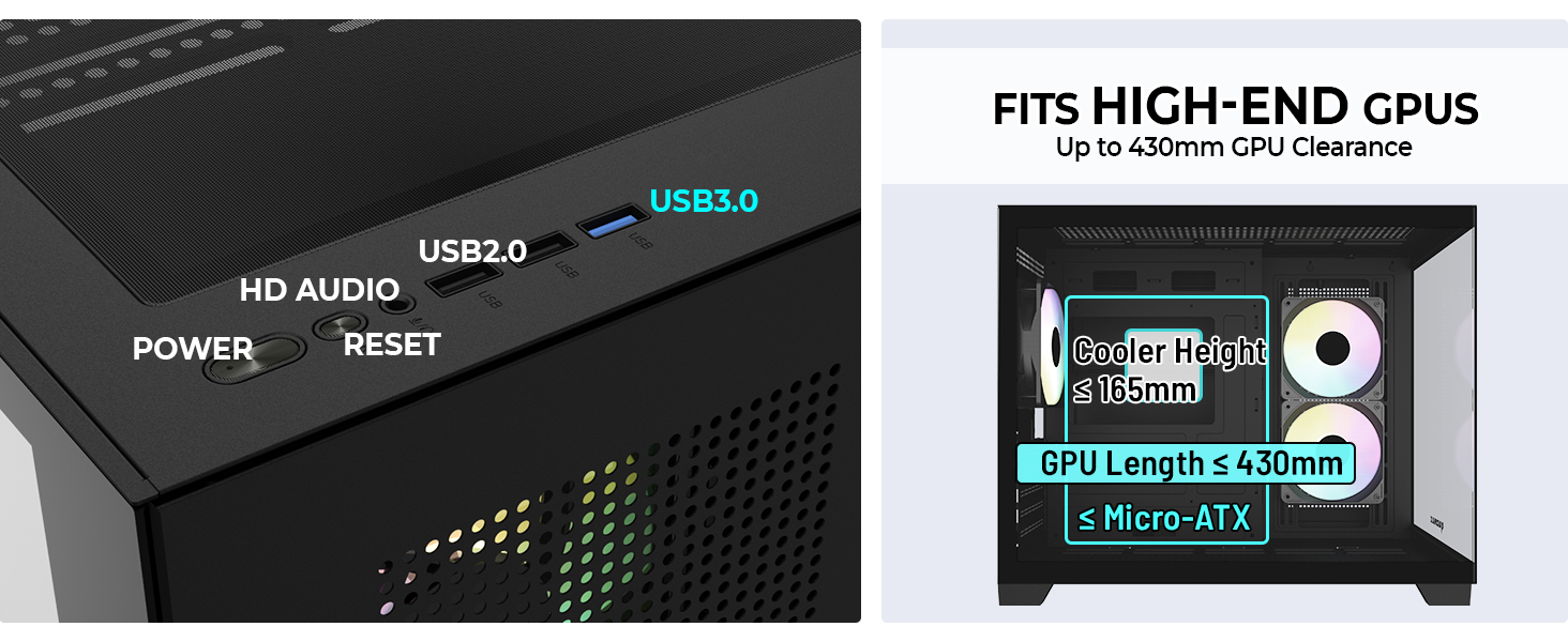 Compact Micro-ATX case with dual-chamber airflow,3 ARGB fans, 400mm GPU, and 360mm radiator support.